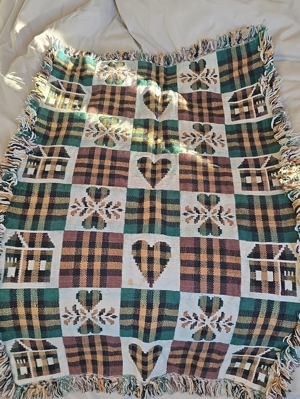 Vintage Cottagecore Woven Heart & Cottage Throw Blanket
